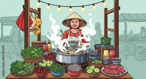 Smiling street vendor in conical hat prepares steaming broth at a bustling Asian food stall.