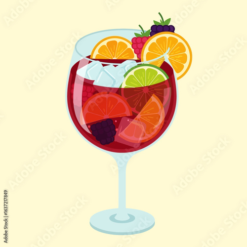 Refreshing summer sangria in a wine glass, garnished with citrus fruits and berries.
