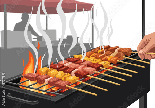 Smoking meat skewers cooking on a fiery barbecue grill at a street food stall.