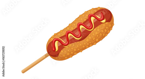 An illustration of a classic corn dog on a stick, topped with zig-zagging lines of red ketchup and yellow mustard.
