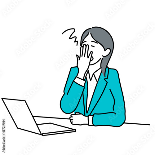 デスクであくびをする女性ビジネスパーソンのベクターイラスト