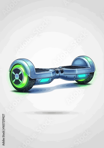 Modern, futuristic personal hoverboard, light-up wheels, isolated on a light background.
