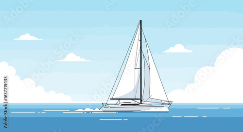 A simple illustration of a sailboat gliding across a placid ocean under a light blue sky.