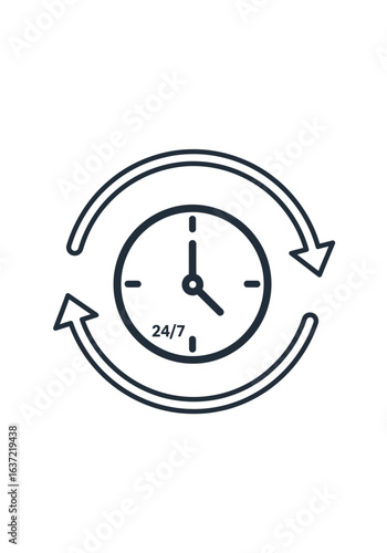 A simple, circular graphic of a clock with arrows, representing 24/7 availability.