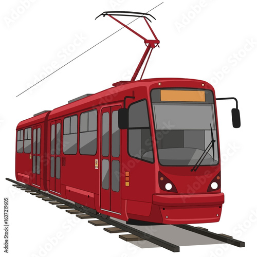 A modern red electric tram with multiple carriages moving along railway tracks, powered by overhead wires.
