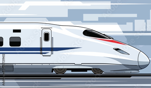 A sleek, modern high-speed train with blue accents glides along its tracks, conveying a sense of rapid motion and advanced transportation.