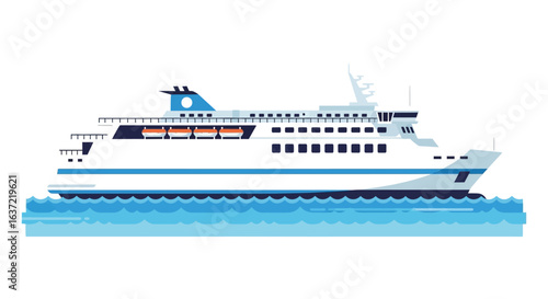 A modern white passenger ferry with blue accents sails on choppy blue water.