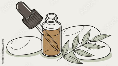 Aromatherapy essential oil dropper bottle with natural stones and leaves for wellness and relaxation use