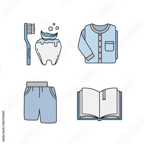 Daily routine icons: toothbrush, toothpaste, clean tooth, shirt, shorts, open book.