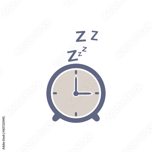 Sleeping soundly; alarm clock showing sleepiness.