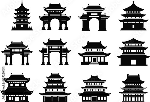 Traditional Chinese architecture silhouettes, ancient temples, historical gates, pagodas, Asian landmarks, cultural heritage, black icons, vector design, isolated illustration, collection set