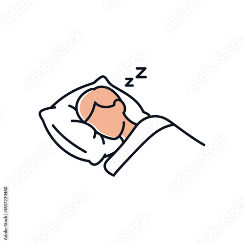 Person peacefully sleeping in bed, head resting on pillow, under covers.