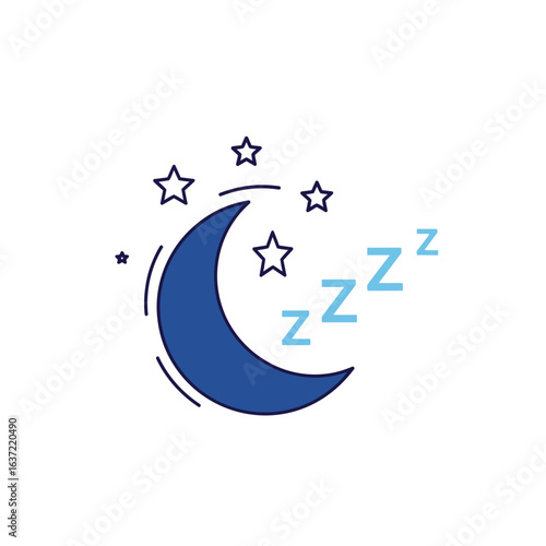 Crescent moon, stars, and Z's symbolize peaceful sleep and nighttime rest.