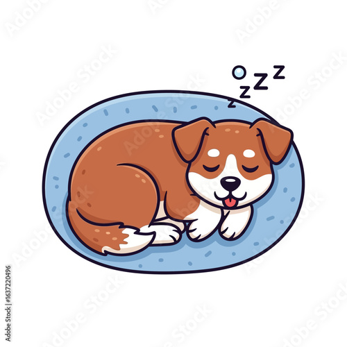 Adorable brown puppy soundly sleeping in its cozy blue bed, dreaming sweet dreams.