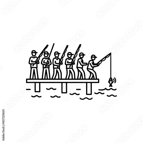 Group of people fishing from a pier over a calm body of water.