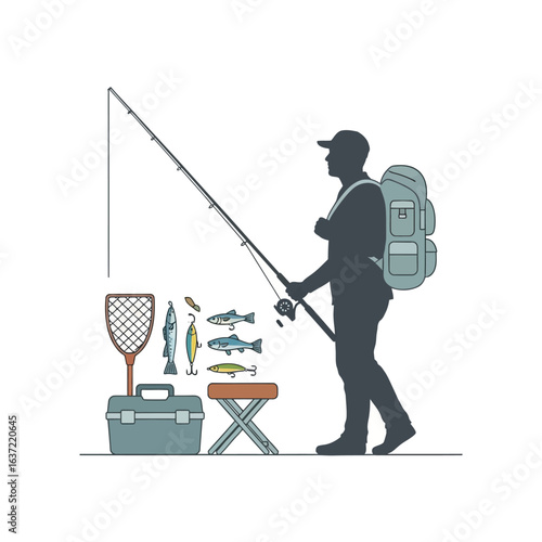 Silhouette of a person with a fishing rod and various fishing equipment including a net, tackle box, stool, and fish.
