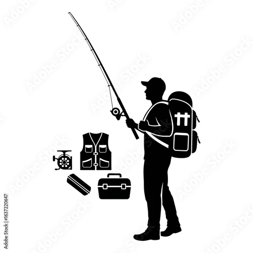 Silhouette of a fisherman with backpack and fishing gear.