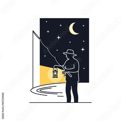 A silhouette of a person fishing at night, illuminated by a glowing lantern under a starry sky with a crescent moon.