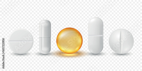 Vector 3d Realistic Pills and Capsule Icons, Isolated. White Tablets, Medical Capsule, Vitamin Supplement, Pharmaceutical Drug, Medicine Icon for Healthcare and Pharmacy Design