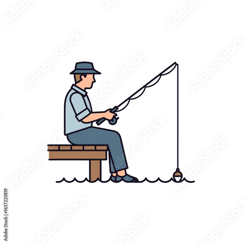 Man fishing from a wooden dock, side view, simple line art illustration.