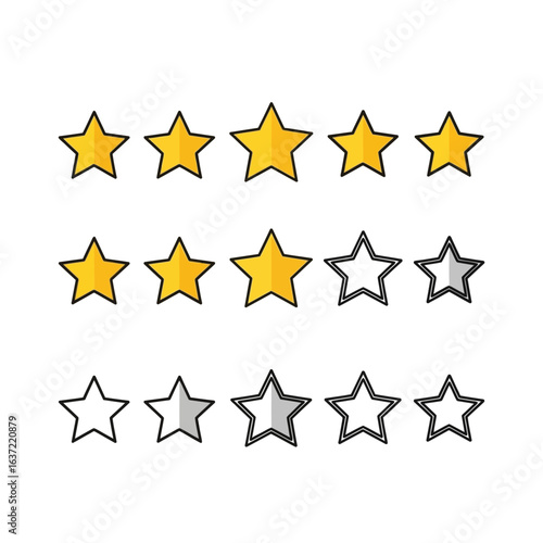 Five-star rating system variations, gold and grey stars, feedback, review, assessment.