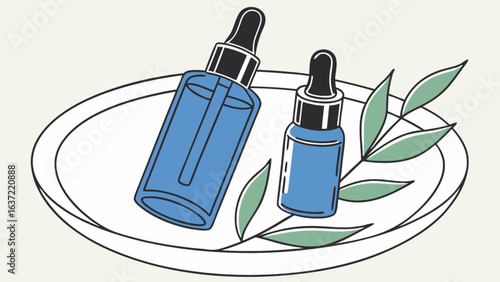 Organic skincare serum dropper bottles for beauty and wellness treatment essential oil product on plate