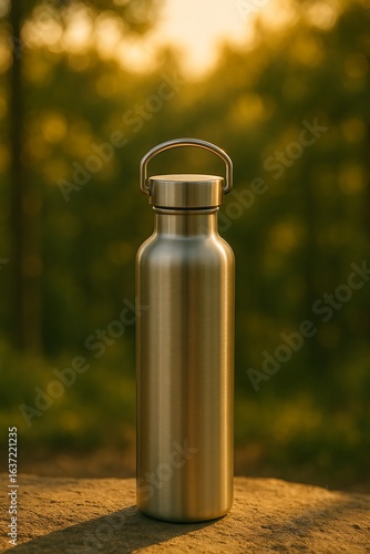 Botol minum stainless steel di outdoor dengan latar blur pepohonan hijau, cahaya matahari sore keemasan.
