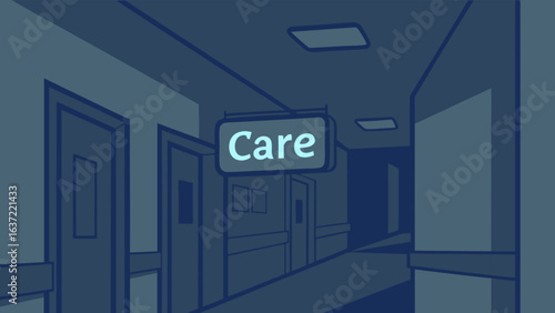 Hospital care unit hallway with care sign for medical healthcare facility and patient services area