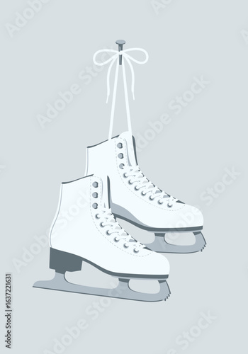 A pair of white ice skates hanging by their laces from a nail.