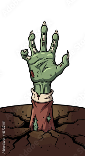 A green, decaying zombie hand emerges from cracked, dark earth, symbolizing horror and the undead.