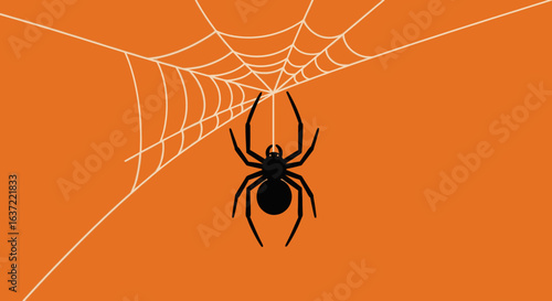A black spider hangs from a white web against an orange background.