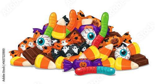 A colorful illustrated pile of assorted Halloween candy, including candy corn, gummy worms, spooky eyeballs, and wrapped sweets.