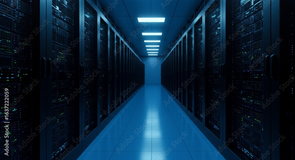 Fototapeta premium Cool Blue Server Room with Dark Racks and Bright Lights