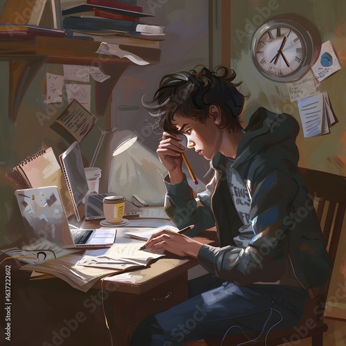  A student sitting in a cozy study corner with study instruments 