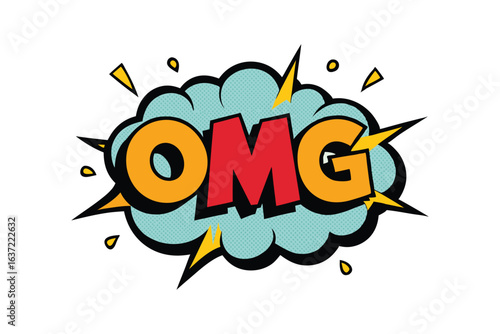 A colorful comic book illustration featuring a large blue cloud with the word "OMG!" written isolated on white background