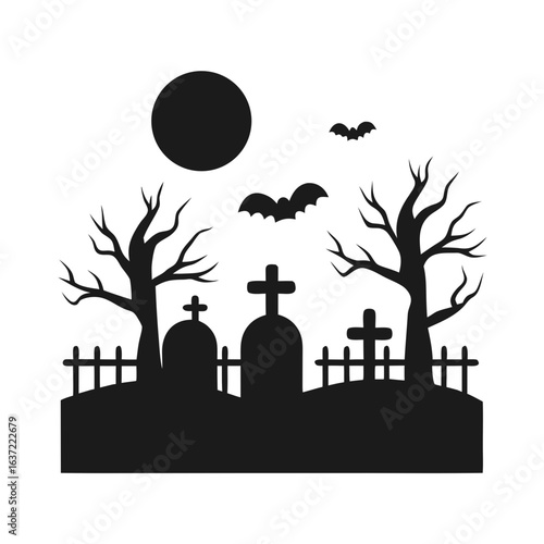 halloween graveyard scene silhouette vector illustration