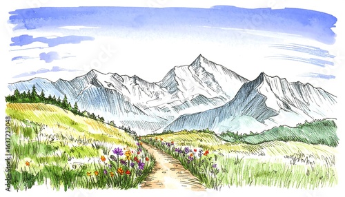 Watercolor sketch of a mountain path through wildflowers