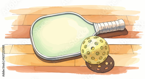 Hand drawn pickleball paddle and ball on wooden background with warm tones, cozy still life sports illustration for branding, packaging, and editorial use                                              