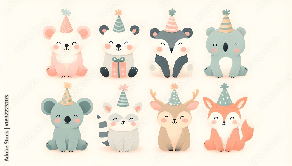 Obraz premium Charming six animal set with festive hats in bright pastel tones and minimal flat design