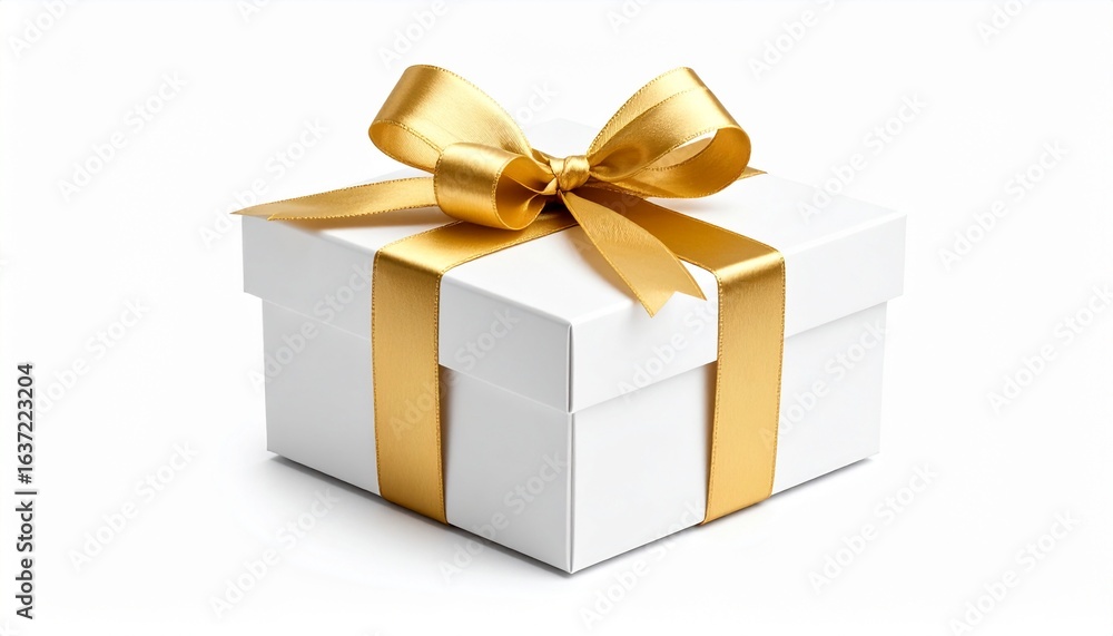 Fototapeta premium White Gift Box With Gold Ribbon And Bow Isolated On A White Background.