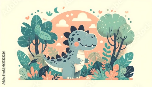 Cute dinosaur character among lush jungle leaves and vines in pastel tones for children's design