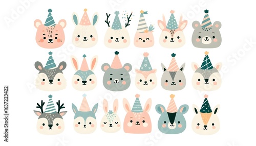 Charming animal head set in grid arrangement with colorful birthday hats on white background