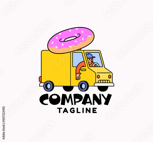 Yellow food truck with a large pink frosted donut on top and a friendly driver. Perfect for bakery branding, cafe marketing, dessert shops, or street food businesses in cartoon illustration logo