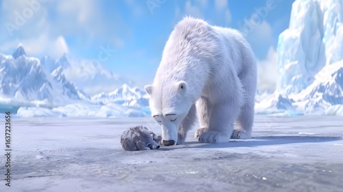 A touching Arctic scene of a polar bear mother 