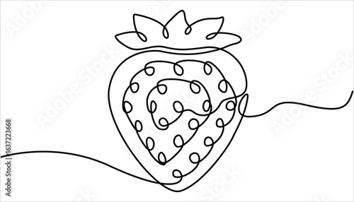 Vector illustration with continuous line drawing Strawberries, Single continuous line drawing of organic strawberry for fruit icon fresh berries fruitage concept, One continuous line drawing.