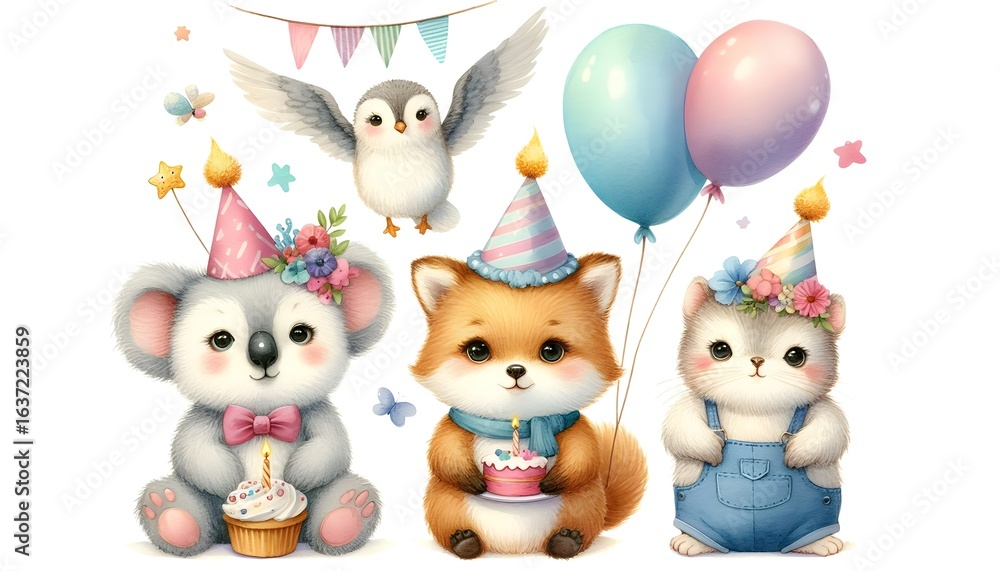 Fototapeta premium Light and airy watercolor animal illustrations with pastel party hats on clean white backdrop