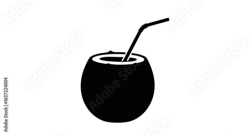 Black Silhouette Icon of a Coconut Drink with Straw