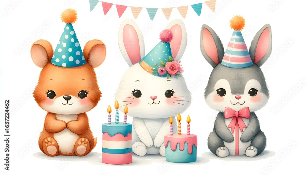 Fototapeta premium Charming watercolor animal characters with colorful party hats in soft and gentle painting style