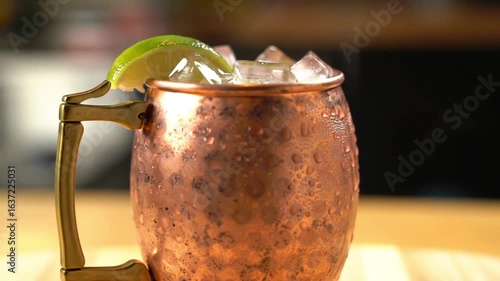 Close up of a copper mug filled with ice cubes and a lime wedge on a wooden surface indoors