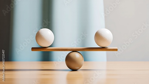 Two spheres balancing on wooden beam concept
